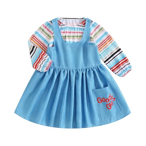 WERNZATT-Kinder Mädchen Halloween Outfit Creepy Puppe gestreift Langarm Tops Kleid für Kleinkind Halloween Outfit (Blau, 12-18 Months) von WERNZATT