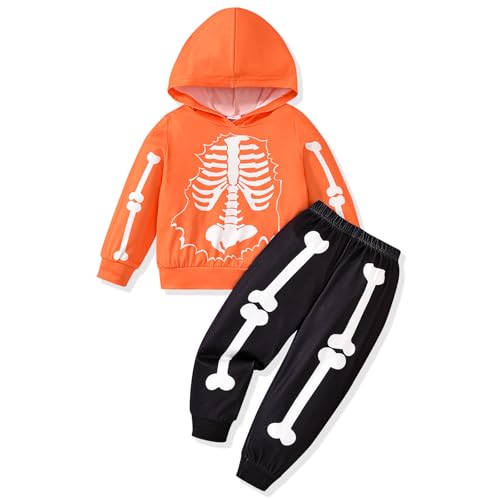 WERNZATT-Kleiner Junge Halloween Outfits Skelett Druck Langarm Kapuze Sweatshirt mit elastischer Taille Hosen 2Pcs Set (Orange, 18 Months) von WERNZATT