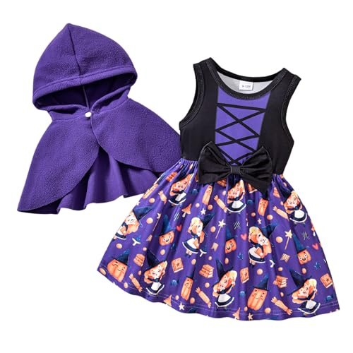 WERNZATT-Kleines Mädchen Halloween Kostüm Set Cartoon Kürbis Druck ärmelloses Rundhalsausschnitt Kleid mit Kapuze Cape (Purple, 12-18 Months) von WERNZATT