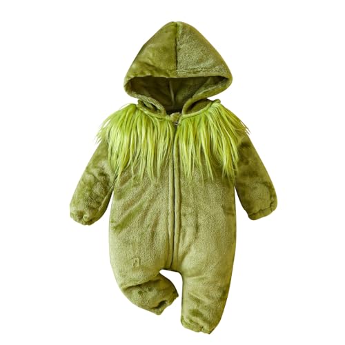 WERNZATT Kleinkind Baby Jungen Mädchen Weihnachten Outfit Grünes Monster Kostüm Pelzbesatz Langarm Strampler Cosplay Party Kleidung (Grün Weihnachten Kapuzen Strampler, 0-3 Monate) von WERNZATT