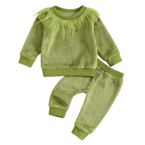 WERNZATT Kleinkind Baby Jungen Mädchen Weihnachten Outfit Grünes Monster Kostüm Pelzbesatz Langarm Strampler Cosplay Party Kleidung (Grünes Sweatshirt, Hose, Outfit, 12-18 Monate) von WERNZATT