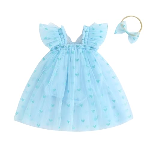 WERNZATT-Kleinkind Baby Mädchen Valentinstag Outfit mit Bogen Herz Strampler Kleid Fliege Ärmel Tüll Tutu Jumpsuit Kleinkind Kleidung (Blue, 12-18 Months) von WERNZATT