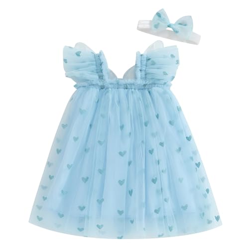 WERNZATT-Kleinkind Baby Mädchen Valentinstag Outfit mit Bogen Herz Strampler Kleid Fliege Ärmel Tüll Tutu Jumpsuit Kleinkind Kleidung (Blue 2, 12-18 Months) von WERNZATT