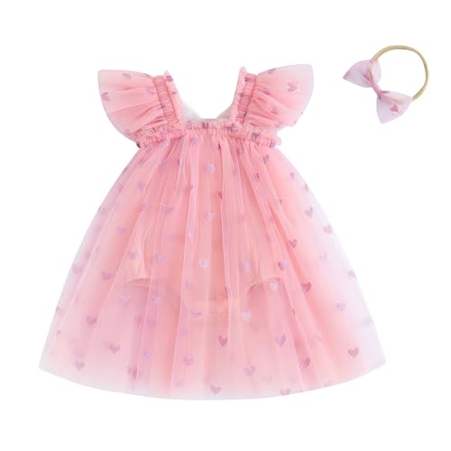 WERNZATT-Kleinkind Baby Mädchen Valentinstag Outfit mit Bogen Herz Strampler Kleid Fliege Ärmel Tüll Tutu Jumpsuit Kleinkind Kleidung (Pink, 12-18 Months) von WERNZATT