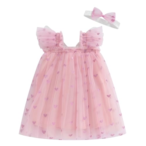 WERNZATT-Kleinkind Baby Mädchen Valentinstag Outfit mit Bogen Herz Strampler Kleid Fliege Ärmel Tüll Tutu Jumpsuit Kleinkind Kleidung (Pink 2, 12-18 Months) von WERNZATT