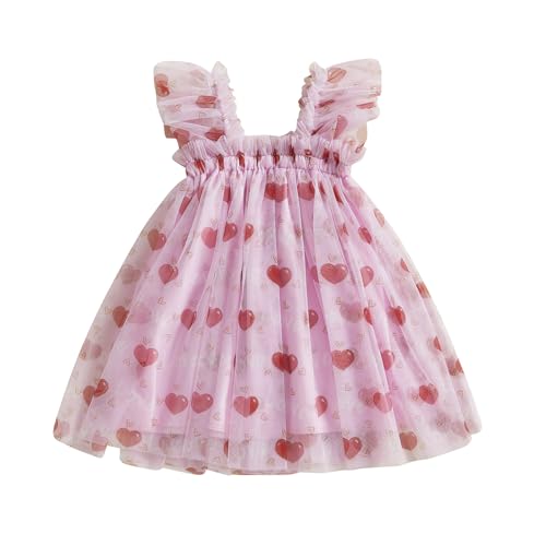 WERNZATT-Kleinkind Baby Mädchen Valentinstag Outfit mit Bogen Herz Strampler Kleid Fliege Ärmel Tüll Tutu Jumpsuit Kleinkind Kleidung (Pink 3, 12-18 Months) von WERNZATT