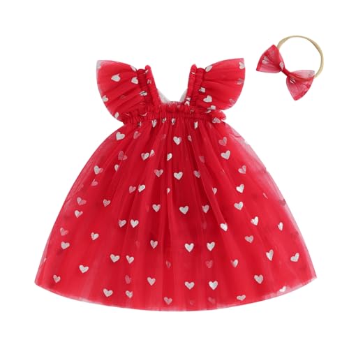 WERNZATT-Kleinkind Baby Mädchen Valentinstag Outfit mit Bogen Herz Strampler Kleid Fliege Ärmel Tüll Tutu Jumpsuit Kleinkind Kleidung (Red, 12-18 Months) von WERNZATT