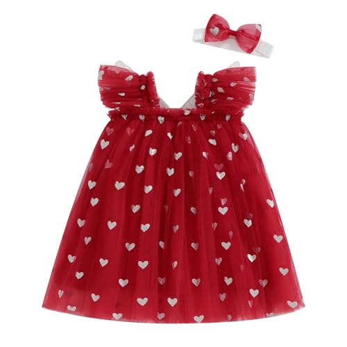 WERNZATT-Kleinkind Baby Mädchen Valentinstag Outfit mit Bogen Herz Strampler Kleid Fliege Ärmel Tüll Tutu Jumpsuit Kleinkind Kleidung (Red 2, 12-18 Months) von WERNZATT