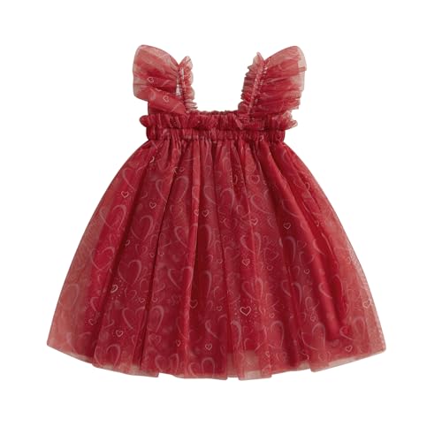 WERNZATT-Kleinkind Baby Mädchen Valentinstag Outfit mit Bogen Herz Strampler Kleid Fliege Ärmel Tüll Tutu Jumpsuit Kleinkind Kleidung (Red 3, 12-18 Months) von WERNZATT