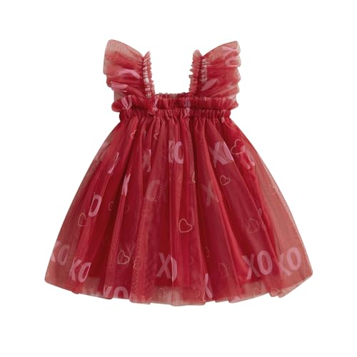 WERNZATT-Kleinkind Baby Mädchen Valentinstag Outfit mit Bogen Herz Strampler Kleid Fliege Ärmel Tüll Tutu Jumpsuit Kleinkind Kleidung (Rose Red, 12-18 Months) von WERNZATT