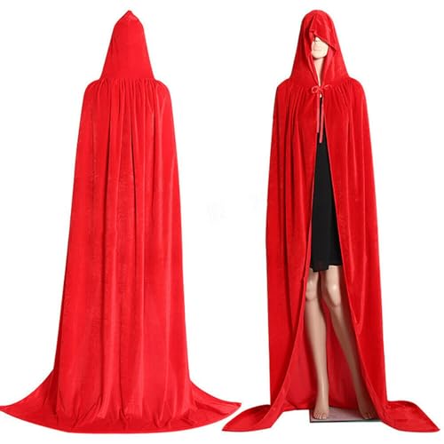 WERNZATT Langer Kapuzenumhang Samt-Umhang Hexenkostüm Halloween-Kostüme für Damen Herren Hexenkostüm Vampirumhang Zauberer Robe (Rot, Einheitsgröße) von WERNZATT