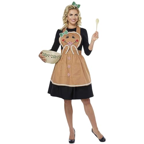 WERNZATT Lebkuchenschürze für Erwachsene, Weihnachtskostüm für Damen, Cosplay-Kostüm mit Kopfbedeckung, Party-Outfit, Geschenke (Khaki, Einheitsgröße) von WERNZATT