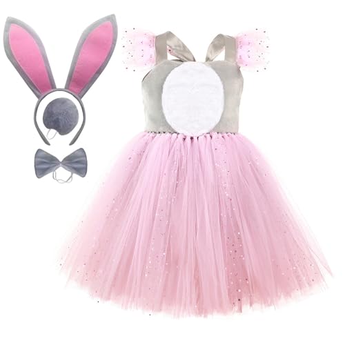 WERNZATT-Mädchen Hase Kostüm Pailletten Tüll Kaninchen Kleid Set mit Stirnband Fliege Schwänze Kleinkind Cosplay Party Outfit (Pink, 7-8 Years) von WERNZATT