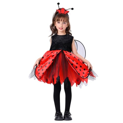 WERNZATT-Mädchen Karnevalskostüme Tierkostüm Ärmelloses Rundhalsausschnitt Kleid Flügel Stirnband Biene Marienkäfer Outfit (Red, 4-5T) von WERNZATT