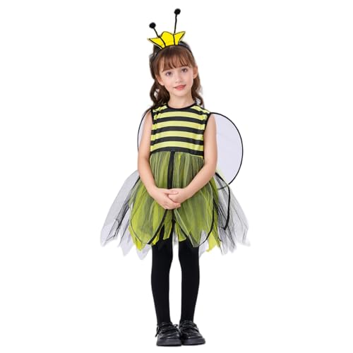 WERNZATT-Mädchen Karnevalskostüme Tierkostüm Ärmelloses Rundhalsausschnitt Kleid Flügel Stirnband Biene Marienkäfer Outfit (Yellow, 4-5T) von WERNZATT