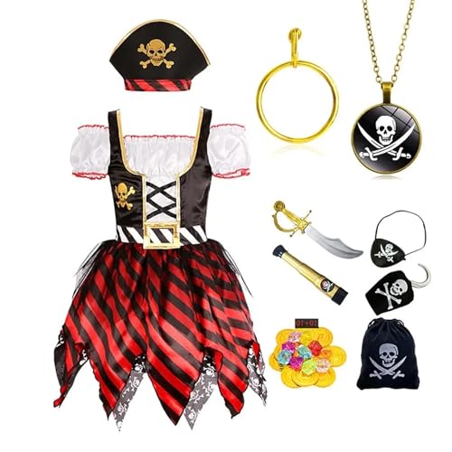 WERNZATT-Mädchen Piratenkostüm Kleid Kinder Seeräuber Kostüm Gestreift Kurzarm Unregelmäßiger Saum Kleid Halloween Kostüm (Red, L) von WERNZATT