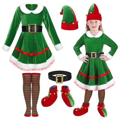 WERNZATT Weihnachtselfen-Kostüm-Set für Damen und Mädchen, Samtkleid, Gürtel, gestreift, Overknee-Socken, Elfenhut, Schuhe für Cosplay-Party (grüne Mädchen, Größe L (8–10 Jahre)) von WERNZATT