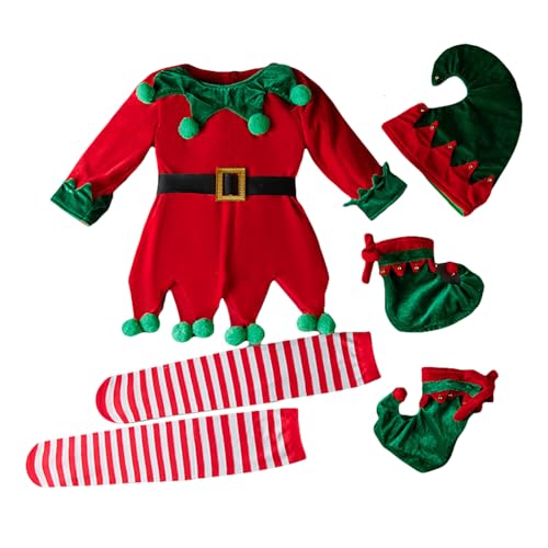 WERNZATT Weihnachtselfen-Kostüm-Set für Kinder, Erwachsene, Deluxe-Elfen-Cosplay-Outfits, Elfenmütze, Weihnachtsmannkleid, Strumpf, Schuh, Gürtel, Anzug (Mädchen, Rot, 2–3 Jahre) von WERNZATT