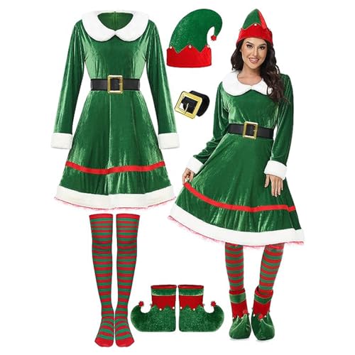 WERNZATT Weihnachtselfenkostüm-Set für Damen und Mädchen, Samtkleid, Gürtel, gestreift, Overknee-Socken, Elfenhut, Schuhe für Cosplay-Party (grün, Größe L) von WERNZATT