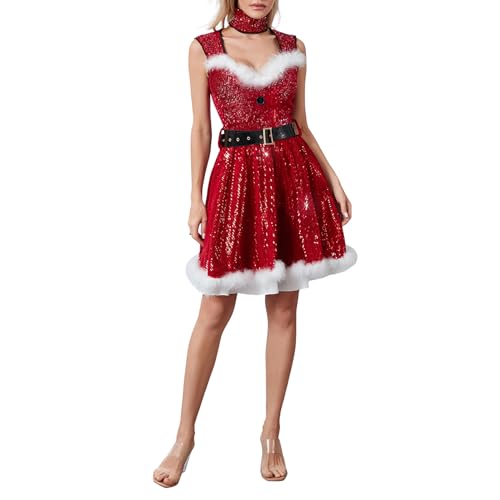 WERNZATT Weihnachtskostüm für Damen, Weihnachtsmann-Outfit, Fellbesatz, Kostüm, Elfe, Cosplay, Party, Kostüme (G, Rot, L) von WERNZATT