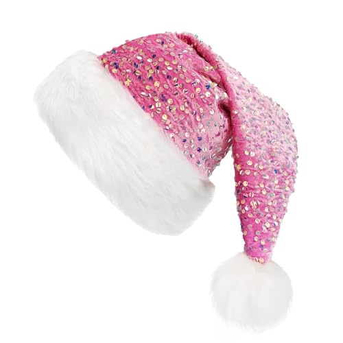 WERNZATT Weihnachtsmützen für Damen, dick, flauschiger Rand, Weihnachtsmannmütze, lustige Party-Kappen, Winter, Weihnachten, Urlaub, Elfen-Kostüm-Zubehör (Pailletten, Rosa, Einheitsgröße) von WERNZATT