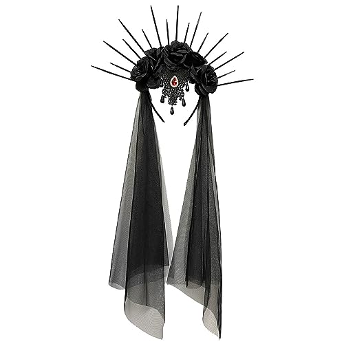 Langes Halloween-Haarreif mit Schleier, Blumen-Haarband, Cosplay-Kostüm, Kopfschmuck für Damen, Haardekoration von WERQA