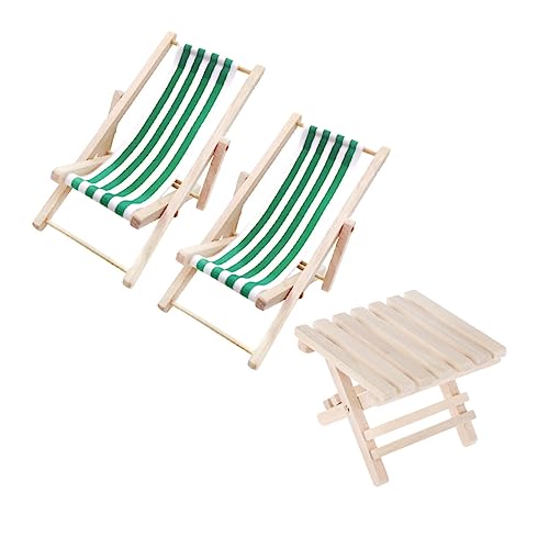 WESIEVYA 1 Set 1/12 Mini Miniaturmöbel Holz Loungesessel Und Klappbarer Strandtisch 2 Grüne Loungesessel Für Kinder Ideal Für Strandmikrolandschaften Und Puppenhausdekoration von WESIEVYA