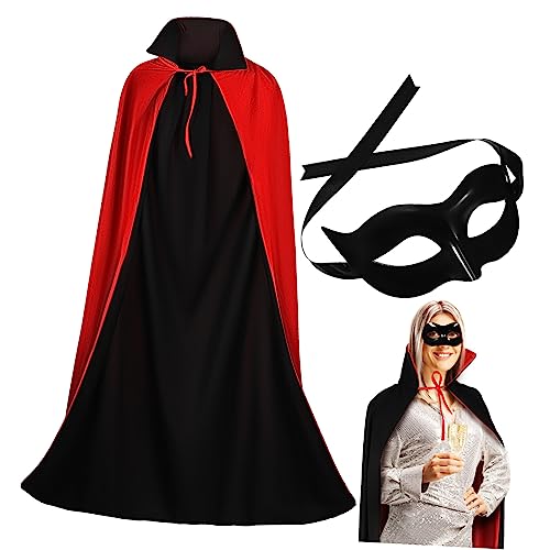 WESIEVYA Halloween Maskerade Maske Umhang Schwarz Halbgesichtsmaske 140cm Schwarz Rot Cape Cosplay Set für Erwachsene von WESIEVYA