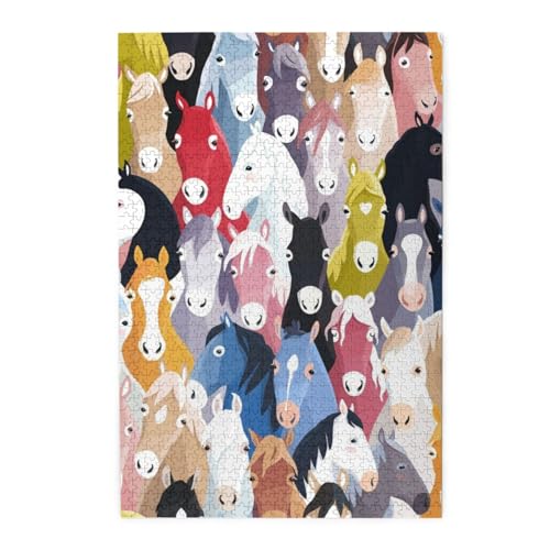 Bunte Cartoon-Pferde buntes Holzpuzzle – herausforderndes Bilder-Puzzle-Spiel für Erwachsene und Puzzle-Enthusiasten – 1000 Teile interaktives Puzzle von WESTCH