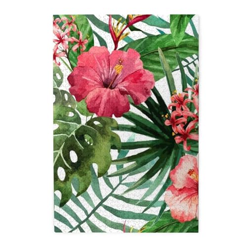 Buntes Holzpuzzle mit Hibiskusblüten – herausforderndes Bilder-Puzzle-Spiel für Erwachsene und Puzzle-Enthusiasten – 1000-teiliges interaktives Puzzle von WESTCH