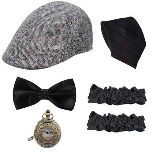 1920er Jahre Herren-Kostüm-Zubehör-Set, brüllende 20er-Jahre-Gangster-Outfit-Accessoires mit Hut, Taschenuhr, Fliege, Armband, GRAU, Einheitsgr��e von WETEPUXI