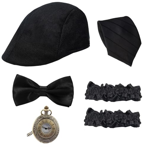 1920er Jahre Herren-Kostüm-Zubehör-Set, brüllende 20er-Jahre-Gangster-Outfit-Accessoires mit Hut, Taschenuhr, Fliege, Armband, Schwarz, Einheitsgr��e von WETEPUXI