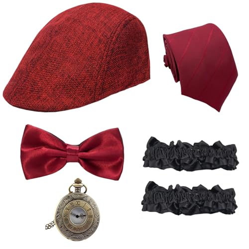 1920er Jahre Herren-Kostüm-Zubehör-Set, brüllende 20er-Jahre-Gangster-Outfit-Accessoires mit Hut, Taschenuhr, Fliege, Armband, Weinrot, Einheitsgr��e von WETEPUXI