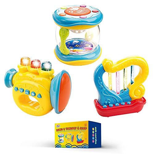 WEofferwhatYOUwant Musikspielzeug 3er-Set - Harfe, Trommel und Trompete mit LED-Beleuchtung für Babys ab 9 Monate von WEofferwhatYOUwant