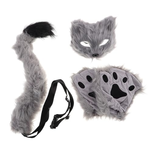 WHAMVOX Halloween-maske Katze Pelzig Wolf Kostümzubehör Pelziges Katzenkostüm Cosplay-fuchs Cosplay-tierkostüm Grauer Wolfsschwanz Flauschige Maske Wolfspfoten Halbgesichtsmaske Kunstpelz von WHAMVOX