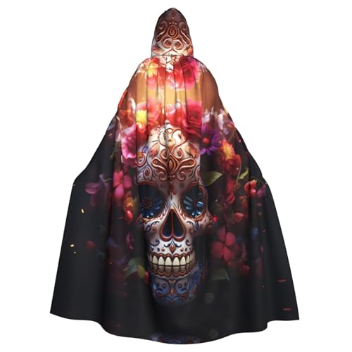 WHJDPP Sugar Horror Skull and Flowers Pattern Hooded Cloak for Halloween, Role-Playing Costumes, and More von WHJDPP