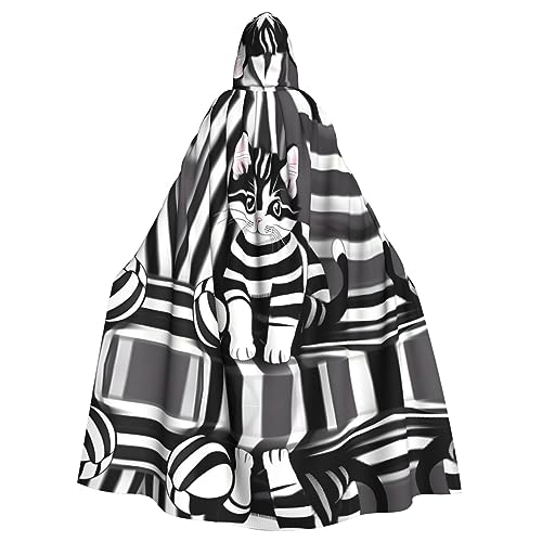 WHJWXC Schwarz-weiß gestreiftes Kätzchen-Druck, Aldult Qualität, Cosplay, Halloween, Poncho, Umhang für Damen und Herren, Weihnachten von WHJWXC