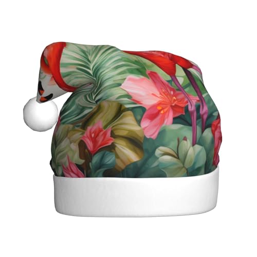 WHJYCC Tropische Blätter und Flamingos Weihnachtsmütze, Weihnachtsmannmütze, Weihnachts-Kopfschmuck, Herrenmütze, Damenhut, Retro, Weihnachtselfenmütze, Rot von WHJYCC