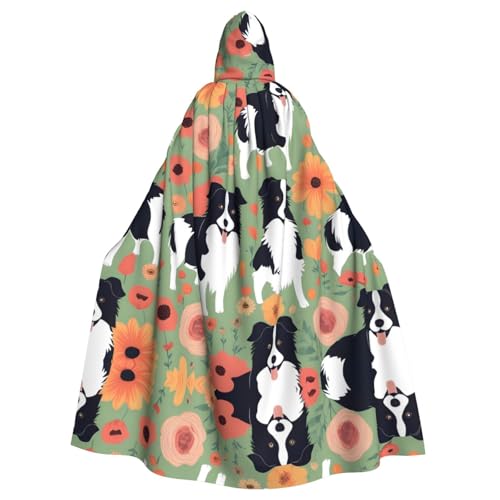 WHJYYXDE Border Collie Florals bedruckter Halloween-Kapuzenumhang mit Kapuze, geeignet für Cosplay-Kostüme, Weihnachtsfeiern von WHJYYXDE