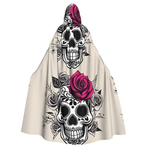 WHJYYXDE Sugar Horror Skull Flowers Rose Printed Halloween Hooded Cape Hooded Cloak Suitable for cosplay costumes, Christmas parties von WHJYYXDE