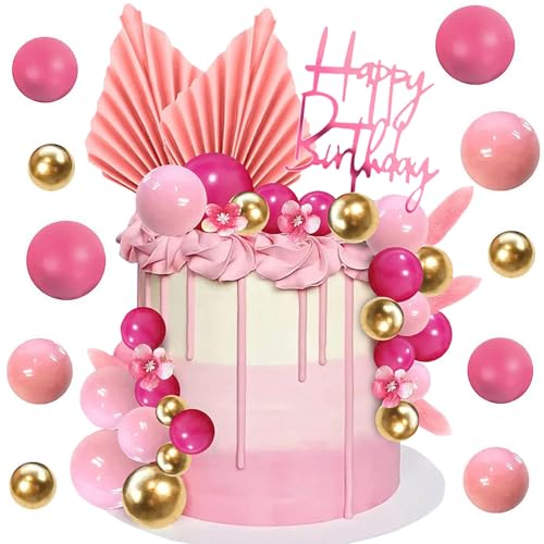 WIDEBG Boho Kugeln Tortendeko Mini Ball Kuchen Dekoration Böhmische Palmblätter Kuchen Deko Happy Birthday Cake Topper Hochzeit Blumen Kuchendeko Rosa Kugel Kuchen Topper 29 Stück von WIDEBG