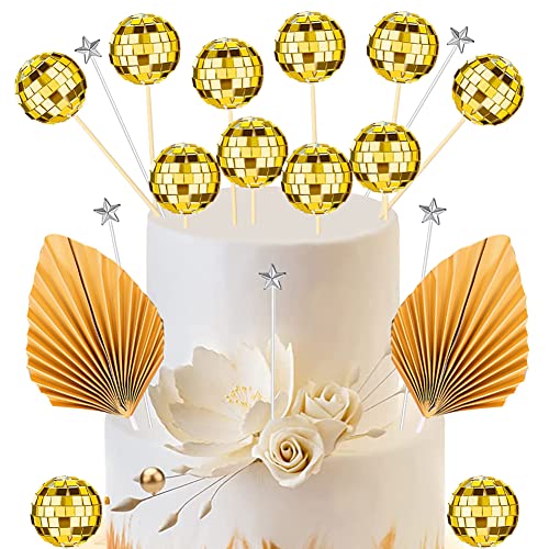 WIDEBG Discokugel Tortendeko Disco Kuchen Deko Spiegelkugel Cake Topper 70er 80er 90er Dekoration Geburtstag Torte Deko Disco Party Kuchendeko Happy Birthday Cupcake Topper Palmblätter Gold von WIDEBG