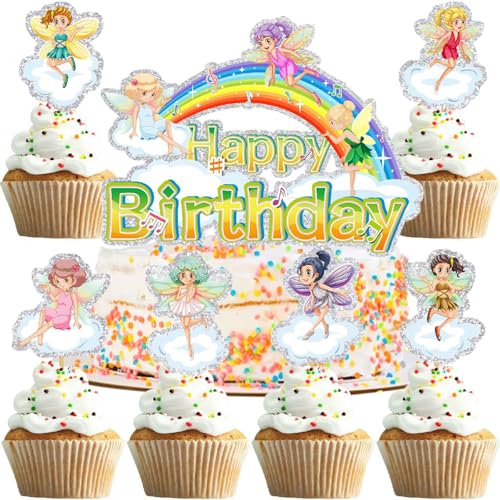 WIDEBG Fee Tortendeko Regenbogen Kuchen Deko Fairy Cake Topper Happy Birthday Dekoration Schmetterlinge Fee Cupcake Topper Mädchen Geburtstag Kuchen Dekoration 19 Stück von WIDEBG