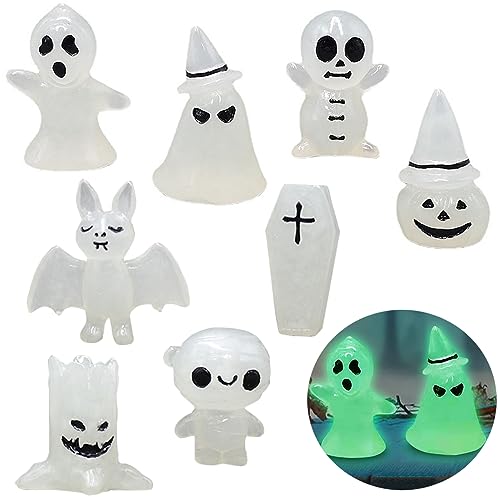 WIDEBG Halloween Figuren Leuchtende Baum Elfen Puppe Miniatur Harz Ornament Leuchtende Waldgeister Kürbis Fledermäuse Zaubere Halloween Dekoration Mini Figuren 8 Stück von WIDEBG