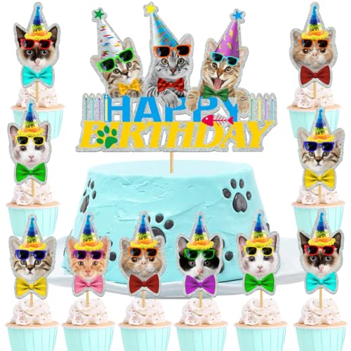 WIDEBG Katze Tortendeko Geburtstag Kuchen Deko Katzen Cupcake Topper Happy Birthday Cake Topper Tiere Kindergeburtstag Torte Deko Katzen Pet Party Kuchendeko A von WIDEBG