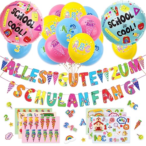 WIDEBG Luftballons Alles Gute Zum Schulanfang Banner Einschulung Deko Schulanfang Folienballon Sticker Schuleinführung Ballons Schulstart Junge Mädchen 1. Schultag Schulanfang Party Dekorationen von WIDEBG