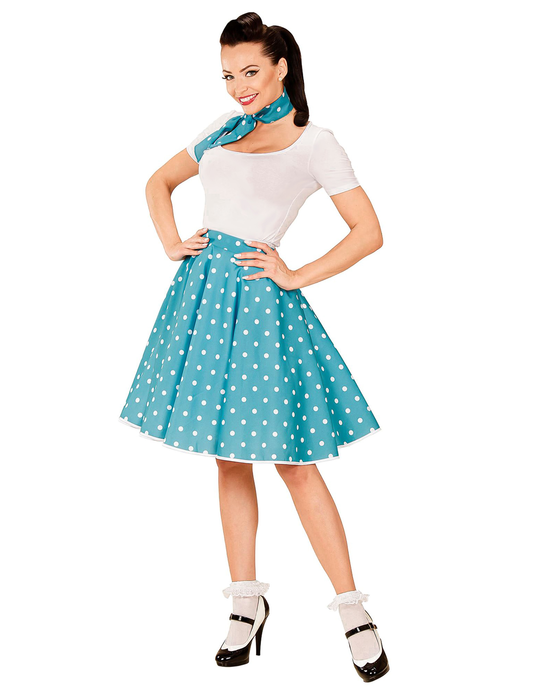 50er Jahre Petticoat-Rock und Halstuch Dots blau-weiss von WIDMANN