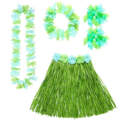 "GREEN HAWAIIAN SET" (hula skirt with flower belt, flower lei, crown, 2 bracelets) - von WIDMANN