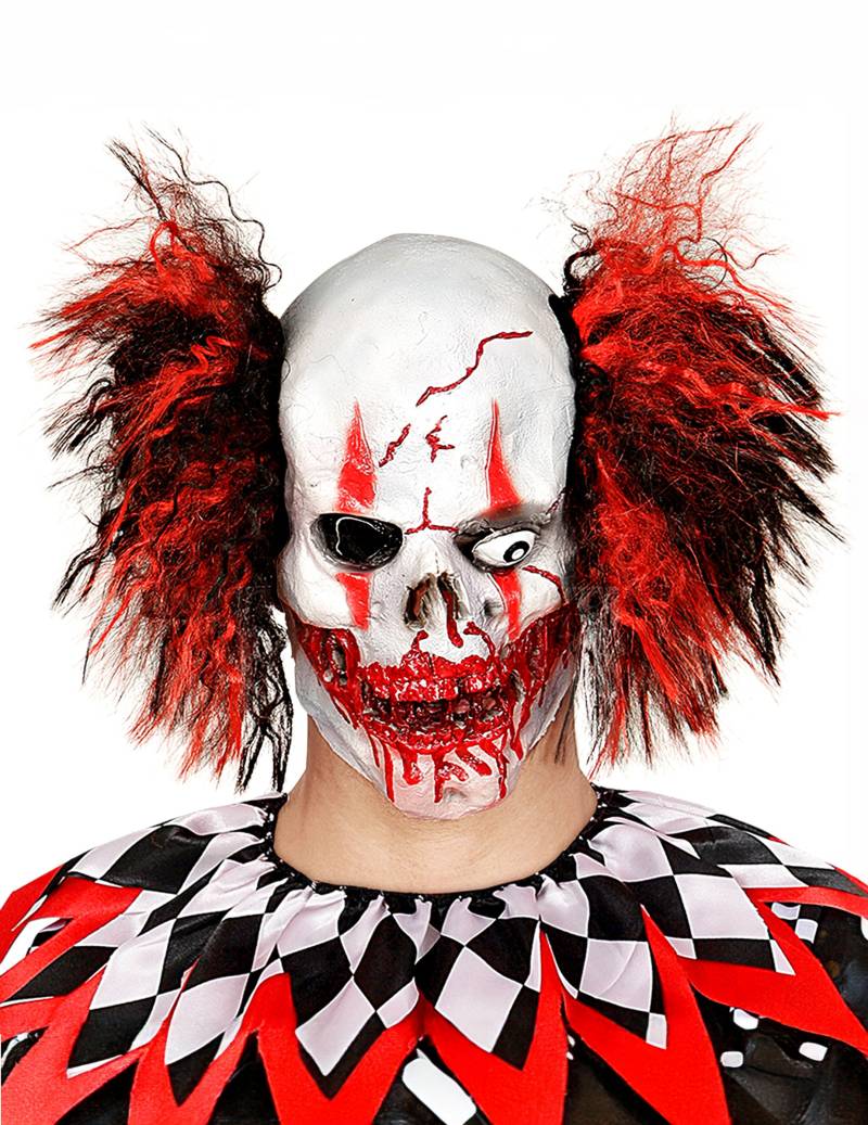 Grauenhafte Horrorclown-Maske mit blutigverschmiertem Mund Halloweenmaske weiss-rot-schwarz von WIDMANN