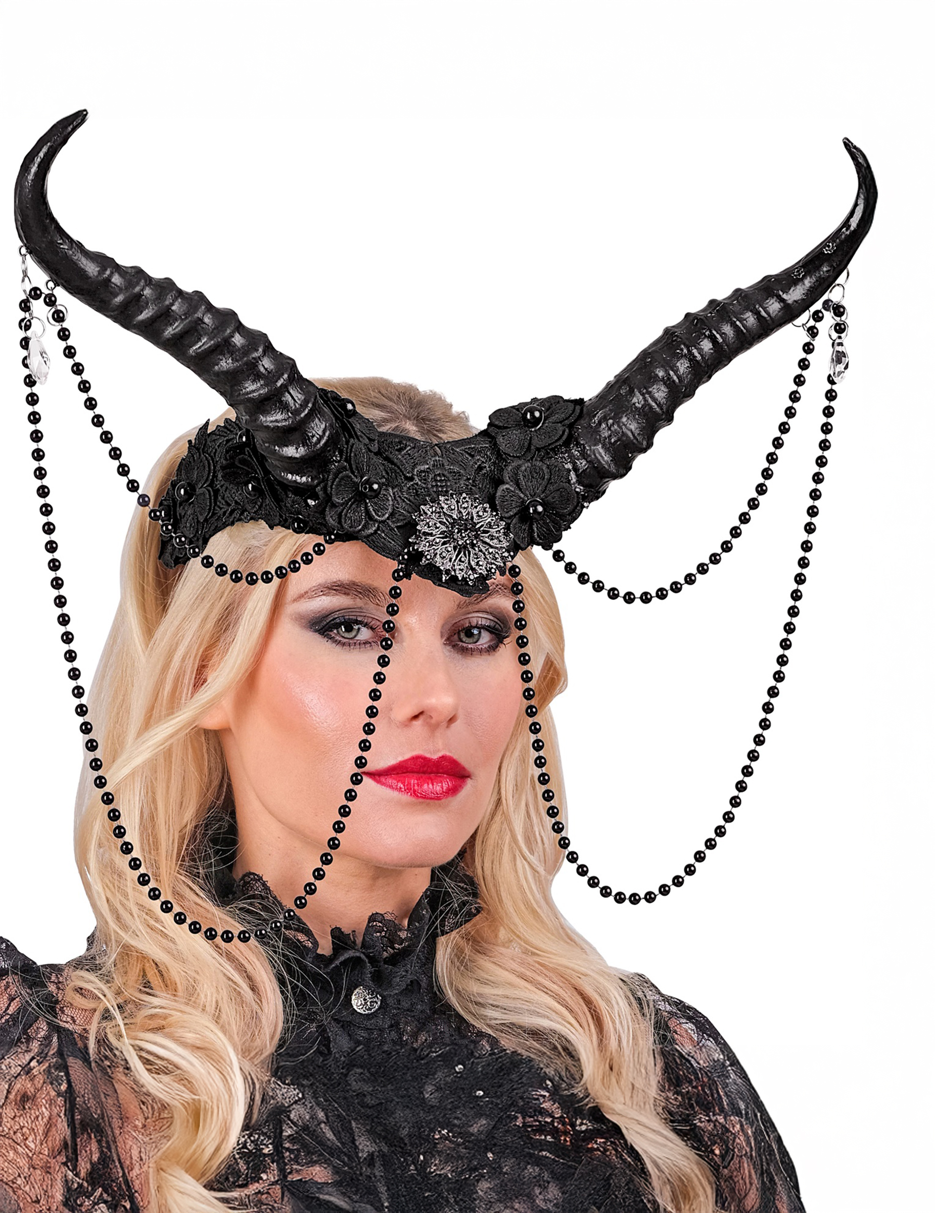 Schwarze Dämonen Hörner - Haarschmuck mit Perlen - Erwachsene Schwarze Dämonen Hörner - Haarschmuck mit Perlen - Erwachsene von WIDMANN